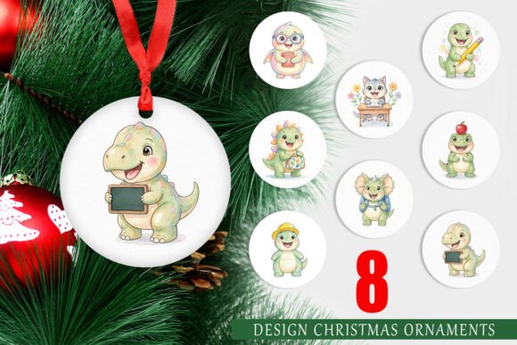 Chubby School Dino Watercolor Ornament Illustrations