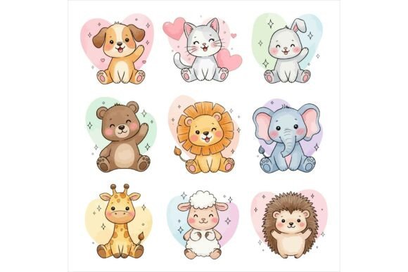 Cute Baby Animals Stickers Set & Illustrations