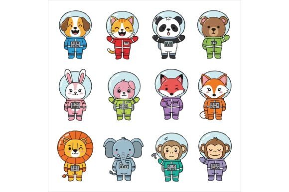 Cute Cartoon Animals in Space Suits Illustrations