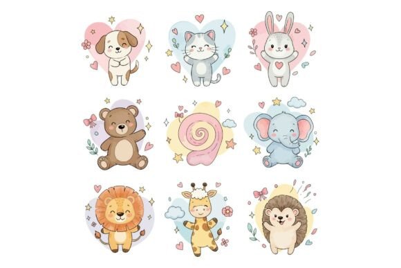 Cute Cartoon Animals Stickers Set & Illustrations