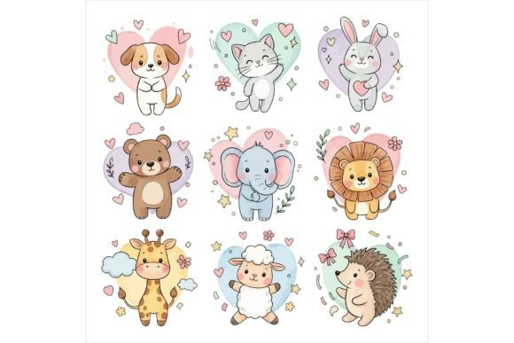 Cute Cartoon Animals with Hearts Illustrations