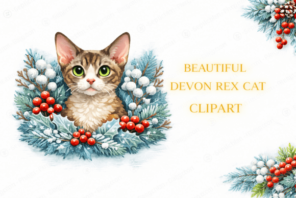 Devon Rex Cat Clipart with Winter Wreath Illustrations
