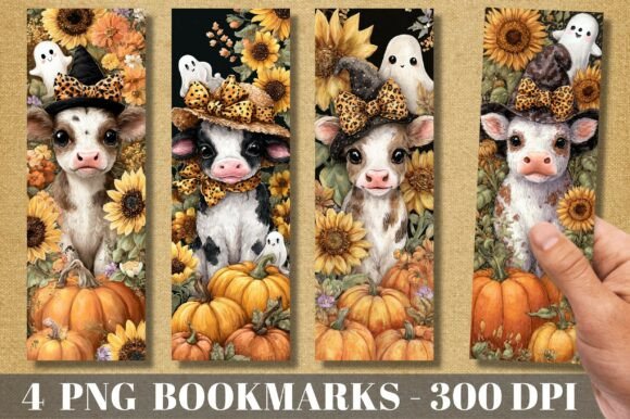 Halloween Ghost Pumpkin Cow Bookmark PNG: Editorial Illustrations
