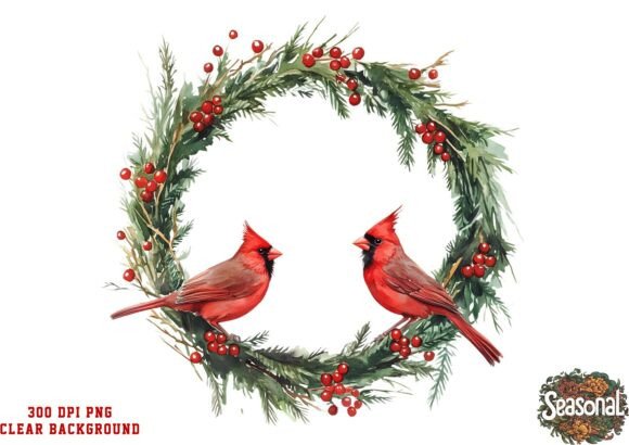 Red Birds Holiday Wreath Clipart & Illustrations