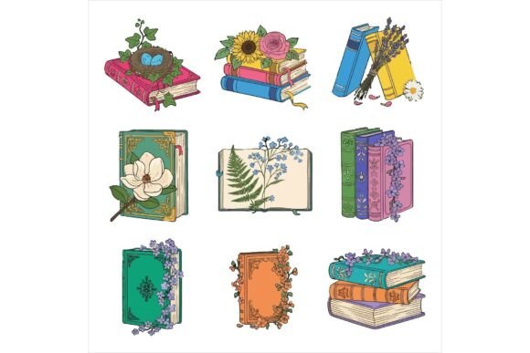 Vintage Books with Flowers and Leaves Illustrations