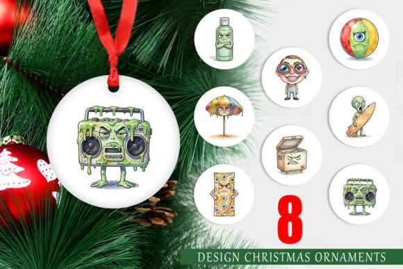 Watercolor Alien Beach Gear Ornament Illustrations