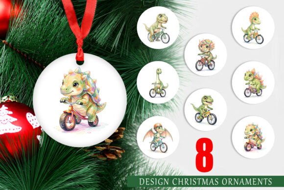 Watercolor Dinosaur Biking Ornament Illustrations