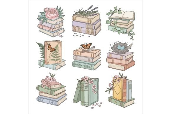 Whimsical Stacked Books with Florals Illustrations