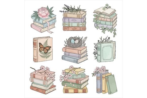 Whimsical Stacks of Books with Flowers Illustrations